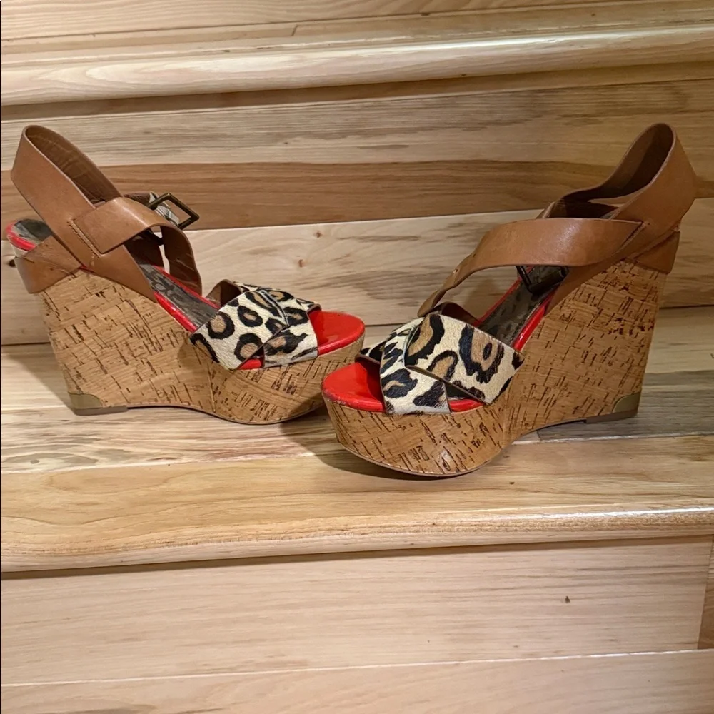 Sam Edelman Leopard Print Platform Wedges with Tan Straps and Red Footbed